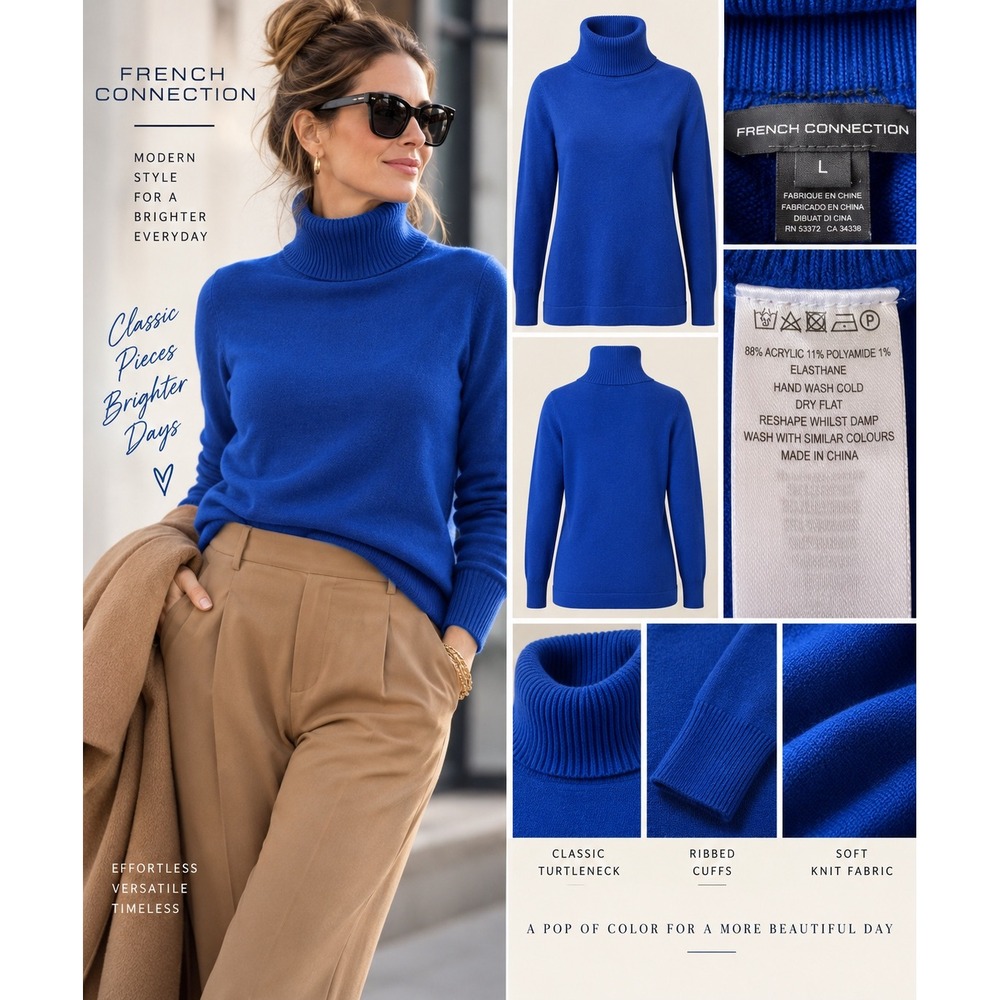 French Connection Womens L Cobalt Blue Turtleneck Sweater Longline Minimalist